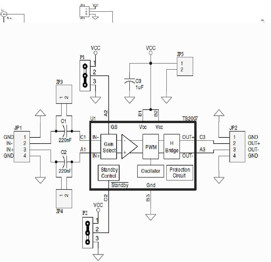 3 W filter-free class-D audio amplifier demonstration board with 6-12 dB fixed gain select based on the TS2007