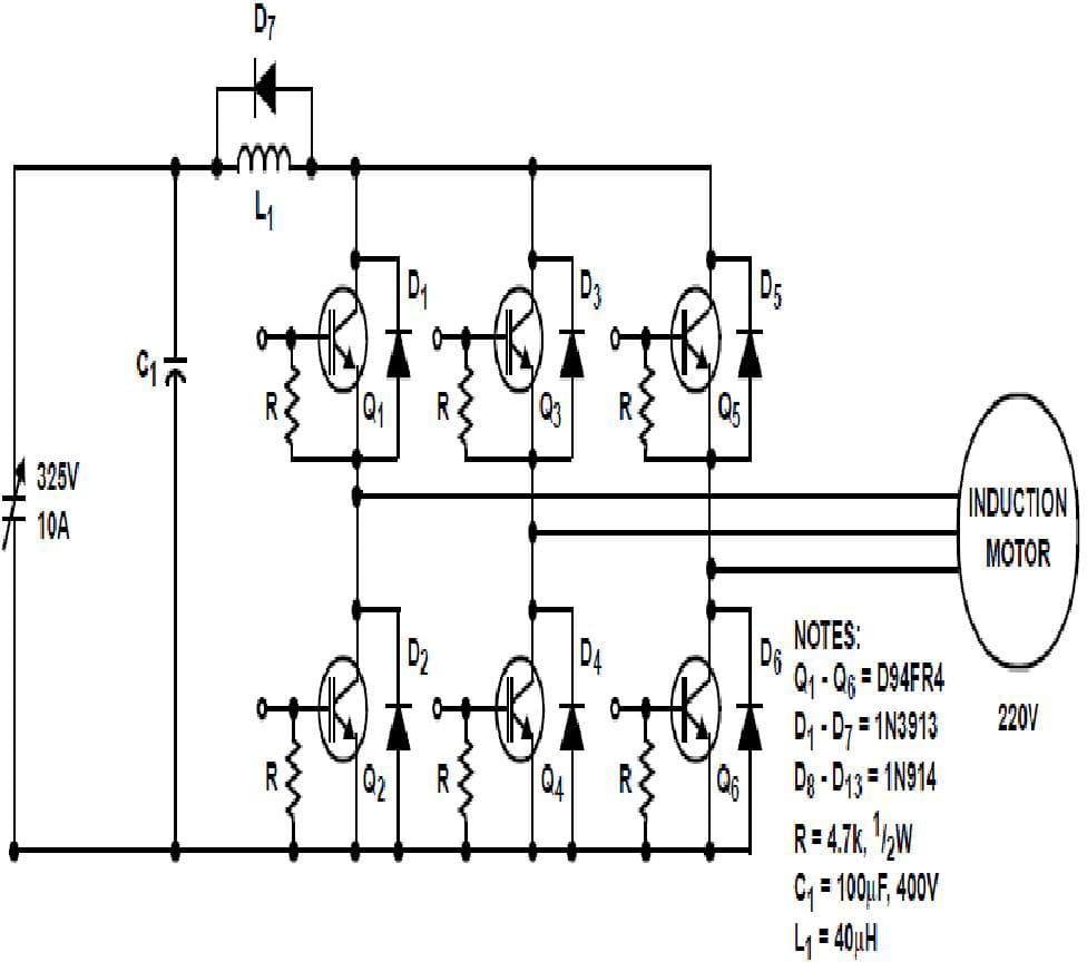 Power Inverter Drive Application Circuit Uses a Six IGTs to Drive a 2-HP AC Motor