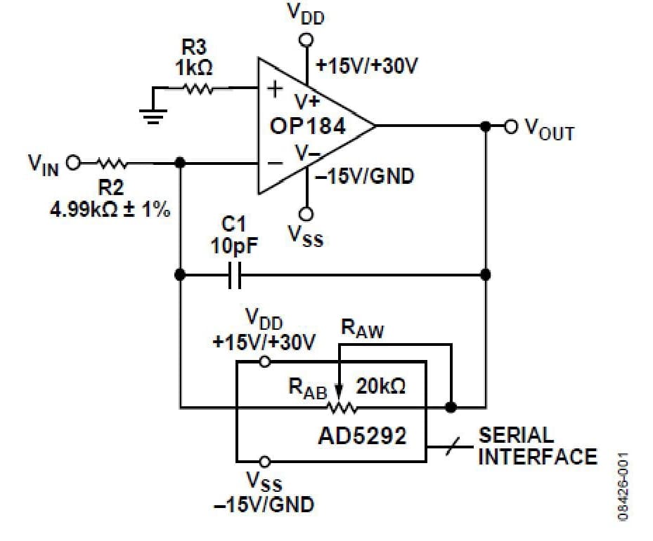 Variable Gain Inverting Amplifier Using the AD5292 Digital Potentiometer and the OP184 Op-Amp