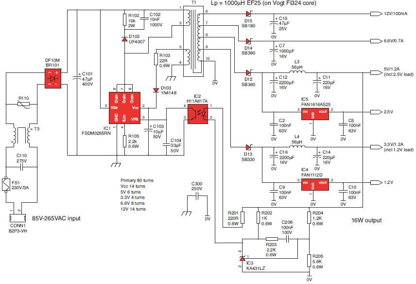 16W, 1.2V, 2.5V, 3.3V, 5V, 6.6V, 12V AC to DC Multi-Output Power Supply for DVD Player