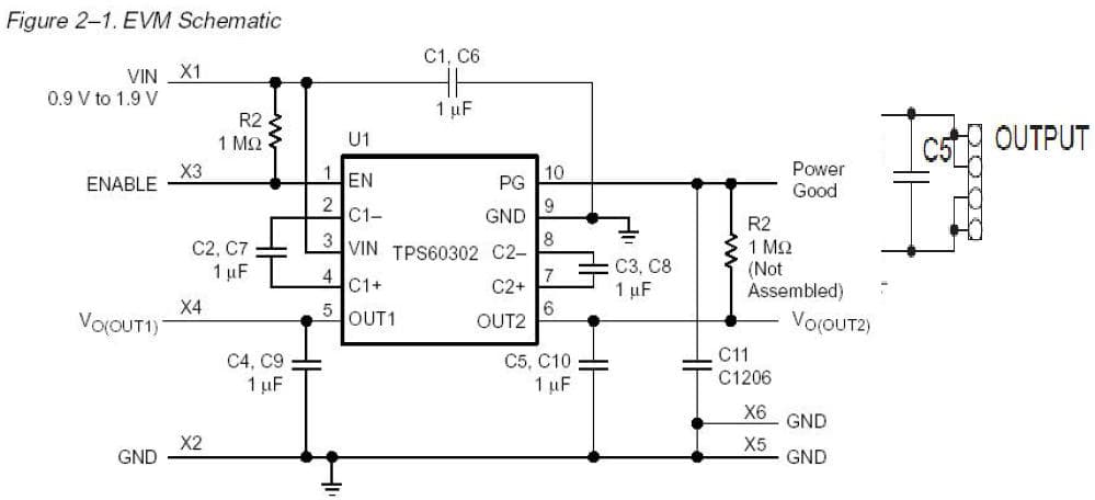 TPS60302EVM-170, Evaluation Board for the TPS60300, 20-mA single cell charge pump