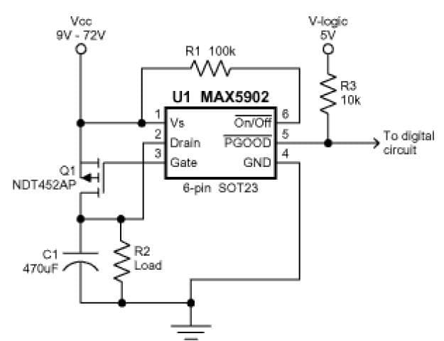 Circuit provides inrush current limiting and a reliable circuit-breaker function for the load