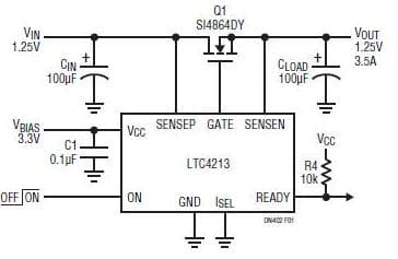 Electronic Circuit Breaker in Small DFN Package Eliminates Sense Resistor, the LTC4213 in an Electronic Circuit Breaker Application