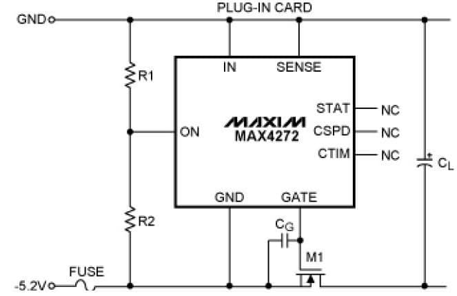 AN4245, A single-chip design provides hot-swap control without circuit-breaker function on a single negative supply, while also allowing for adjustment of the turn-on voltage