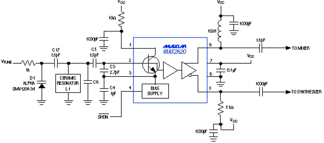 Typical Operating Circuit Shows Use of MAX2620 RF Oscillator In Building VCO