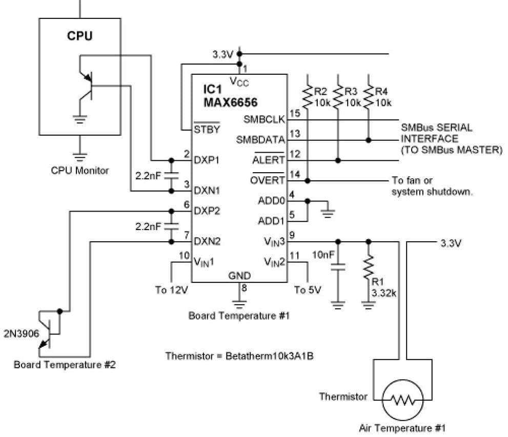 Circuit Monitors Board, Air, and CPU Temperature to Protect System from Overheating