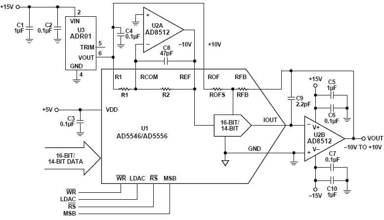 Precision, Bipolar Configuration for the AD5556 14-bit DAC