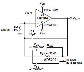 Variable Gain non-inverting Amplifier Using the AD5292 Digital Potentiometer and the OP184 Op-Amp