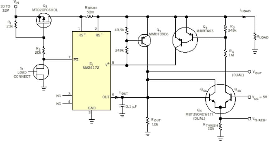 A current sense amplifier and a few transistors form a low-cost circuit breaker