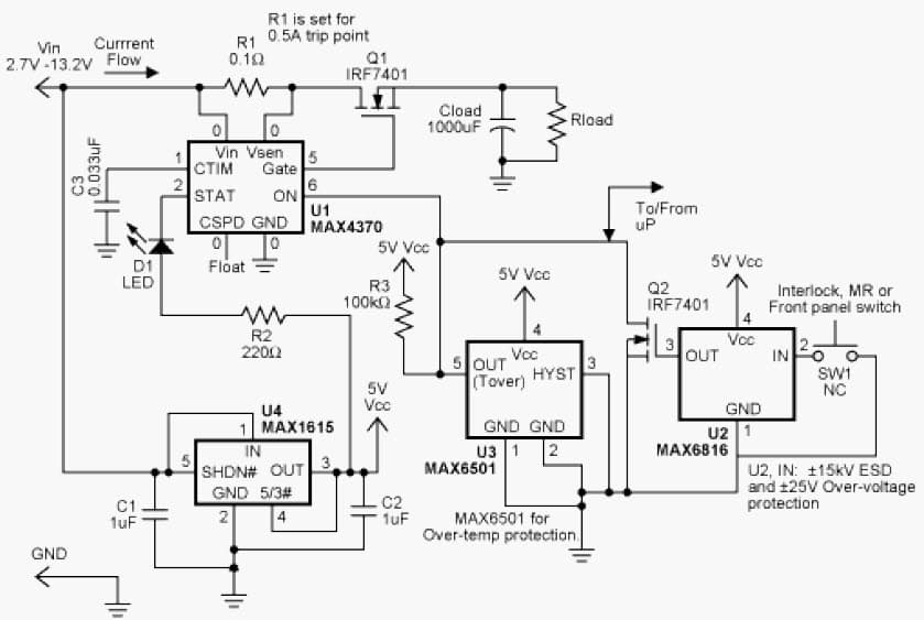 Circuit provides general over-current and over-temperature protection