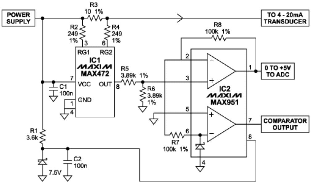 Circuit Derives 0 to 5V Output from 4-20mA Current Loop Signal using a load resistor of only 10-Ohm