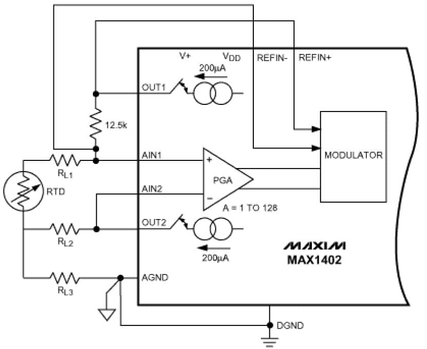 3-Wire RTD Application Based MAX1402 Sigma-Delta ADC, 18-Bit, 4.8 KSPS ADC