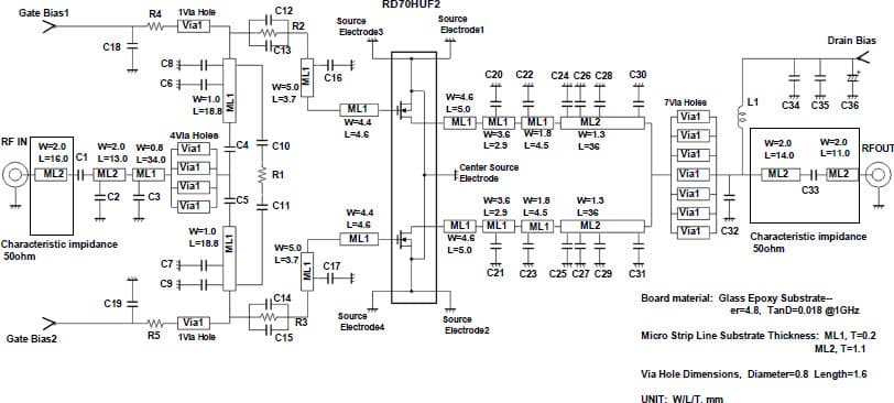 RD70HUF2 Single-Stage Amplifier with frequency of 450-530 MHz Evaluation Board