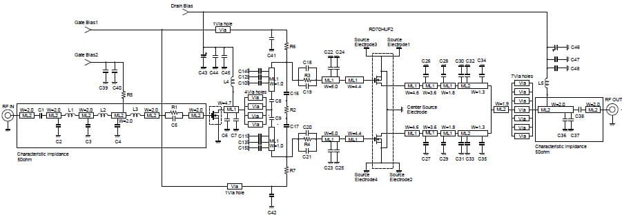 RD04HMS2 and RD70HUF2 2-Stage Amplifier at 380 to 470 MHz and 12.5 VDD