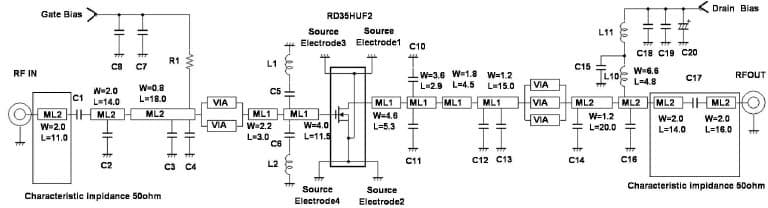 RD35HUF2 Single-Stage Amplifier with frequency of 380-430 MHz Evaluation Board