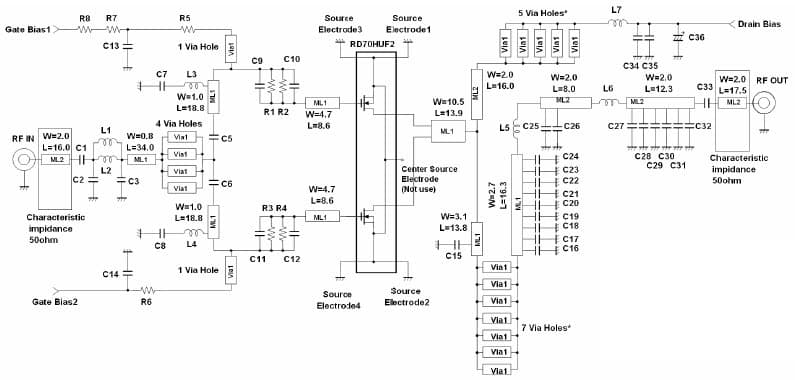 RD70HUF2 Single-Stage Amplifier with frequency of 135-175 MHz Evaluation Board