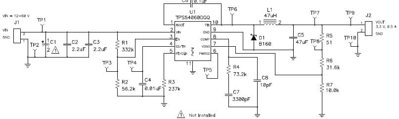 TPS54060EVM-457, Evaluation Board for the TPS54060, 0.5A SWIFT Regulator, Step-Down Converter