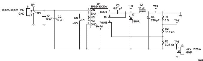 TPS5430EVM-342 evaluation module features the TPS5430 converter IC in a 2.25 A, inverting buck-boost design