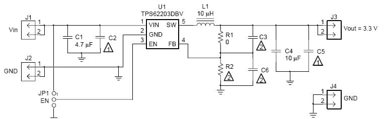 TPS62203 6V Input, 3.3V Output, 0.3A Evaluation Module