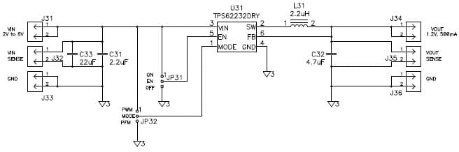 TPS62230EVM-370 evaluation module for TPS62232 3-MHz, synchronous step-down converter capable of supplying up to 500mA of output current