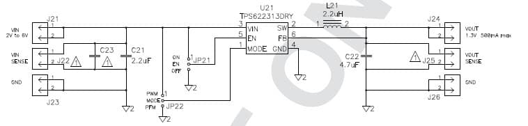 TPS622312EVM-574 evaluation module for TPS622313 3-MHz, synchronous step-down converter capable of supplying up to 500mA of output current