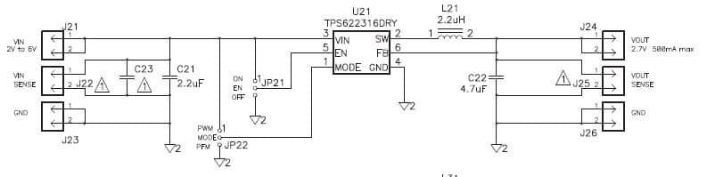 TPS622315EVM-574 evaluation module for TPS622316 3-MHz, synchronous step-down converter capable of supplying up to 500mA of output current