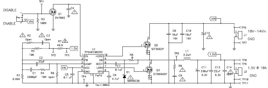 TPS40190EVM-001 evaluation module is a synchronous buck converter providing a fixed 1.5V output at up to 10A from a 12V input bus