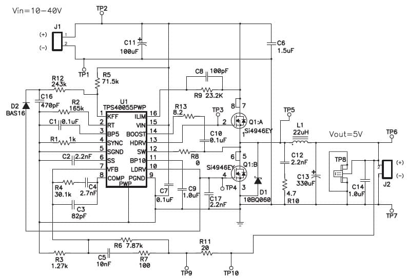 TPS40055EVM-002, Wide Range Input TPS40055 Converter Delivers 5 Volts at 2 Amps