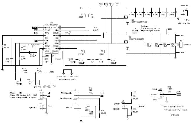 TPS40170EVM-578 evaluation module is a synchronous buck converter providing a fixed 5-Voutput at up to 6 A from a 10-V to 60-V input bus