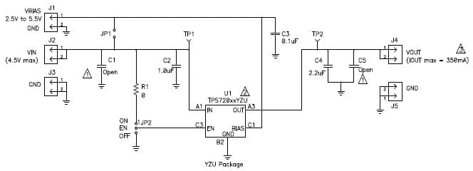 TPS72013EVM-307, Evaluation Module demonstrates the TPS72013 tiny low dropout LDO linear regulator in a 5-pin WCSP package