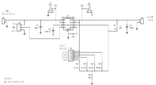 TPS7A8001DRBEVM evaluation module demonstrates the TPS7A8001 Low-Dropout (LDO) linear regulators in a 3-mm x 3-mm, SON-8 package