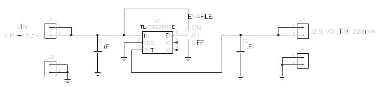 TLV70028EVM-463 facilitates evaluation of the TLV70028 200mA, low IQ, low dropout regulator in the DSE (1.5 x 1.5mm SON-6) package