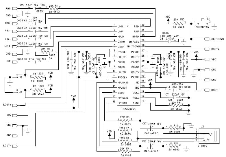 TPA2000D4, Filterless Class-D with Stereo HeadPhone Audio Power Amplifier EVM