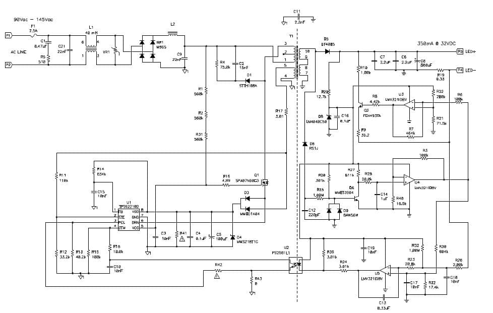 120-VAC to 32-V, 350-mA Dimmable LED Driver Using TPS92210