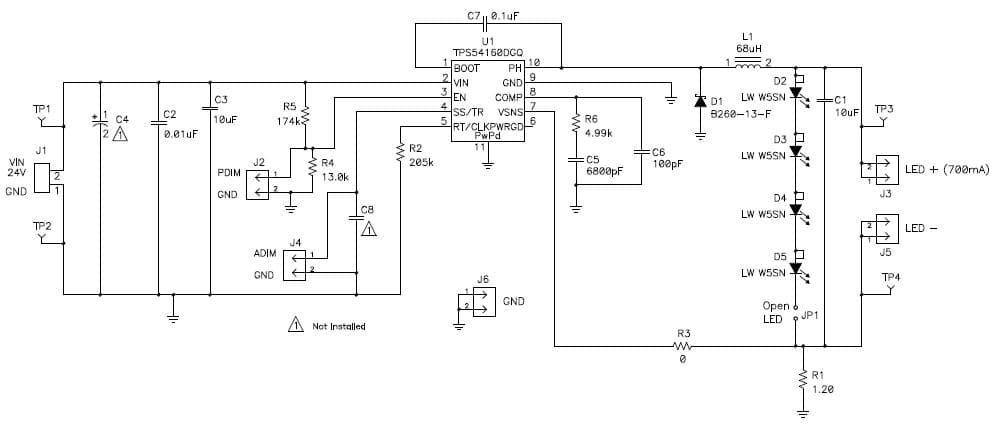 TPS54160EVM-535 evaluation module for evaluating TPS54160 DC/DC converter as a high-brightness light emitting diode (LED) driver