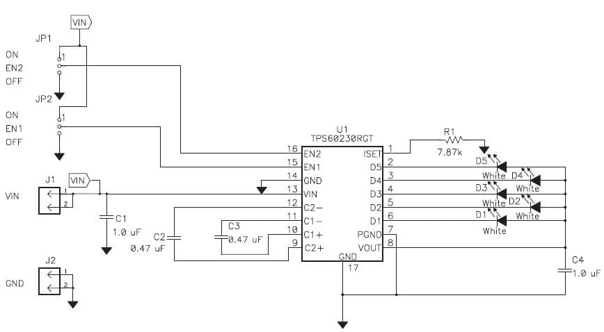 TPS60230EVM-047, Evaluation Module for TPS60230 LED Charge-Pump Current-Source