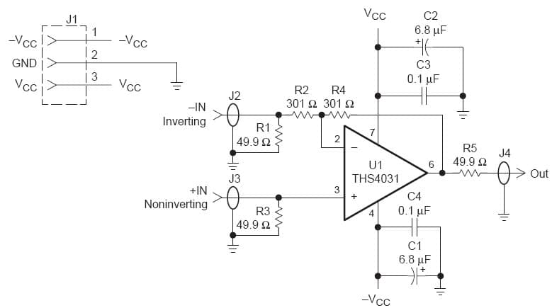 THS4031 high-speed operational amplifier evaluation module (EVM) is a complete high-speed amplifier circuit