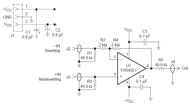 THS4051 high-speed operational amplifier evaluation module (EVM) is a complete high-speed amplifier circuit