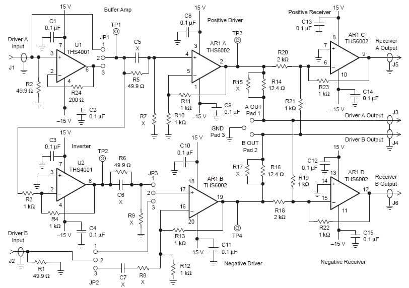 THS6002EVM, Evaluation board for featuring THS6002 Dual Differential Line Driver and Receiver Evaluation Module is a complete ADSL high-speed driver and receiver circuit