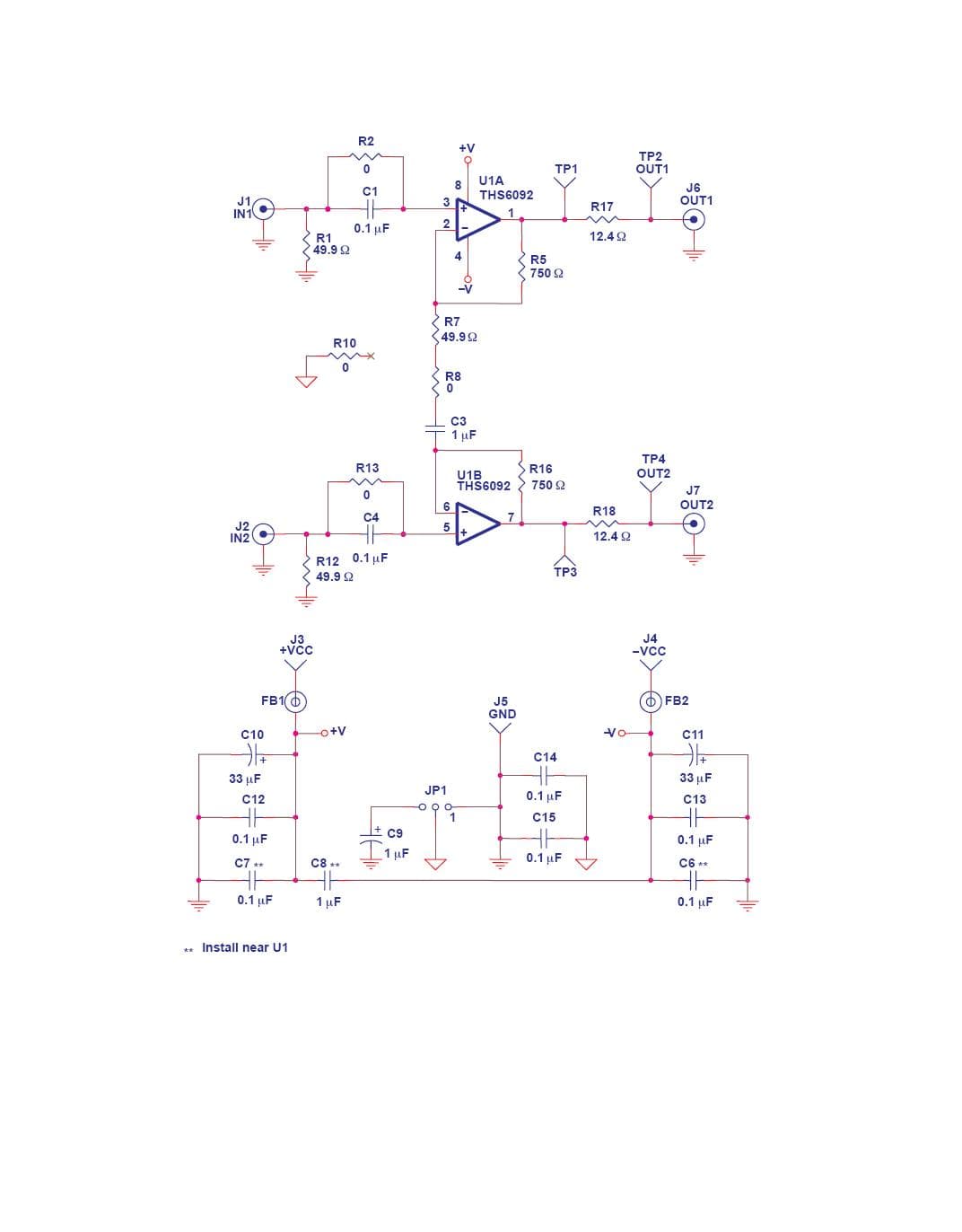 THS6092EVM has a fully functional ADSL driver circuit, ready for power, input signal, and test instruments