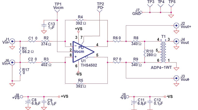 THS4502 evaluation board is capable of evaluating different gain configurations by changing feedback and gain setting resistors