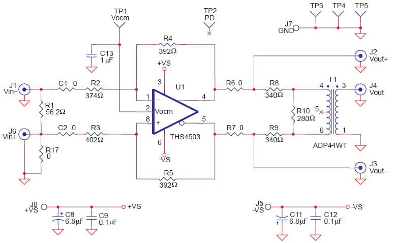 THS4503 evaluation board is capable of evaluating different gain configurations by changing feedback and gain setting resistors