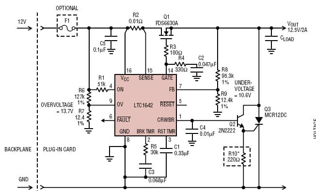 LTC1642: a Hot-Swap Controller with Foldback Current Limiting and Overvoltage Protection