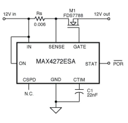 AN3328, Typical hot-swap controller circuit exhibits a 30ms short-circuit current pulse of 400A peak