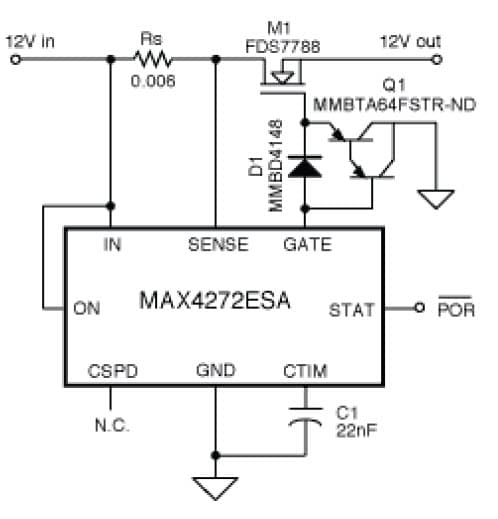 AN3328, Typical hot-swap controller circuit with addition of Q1 increases the gate-pulldown current, limiting the short-circuit current duration to less than 0.5ms