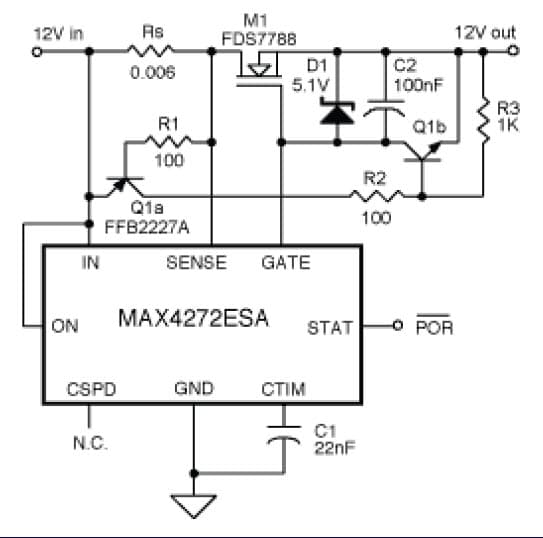 AN3328, Typical hot-swap controller circuit with addition of Q1 increases the gate-pulldown current, limiting the short-circuit current duration to less than 0.5ms