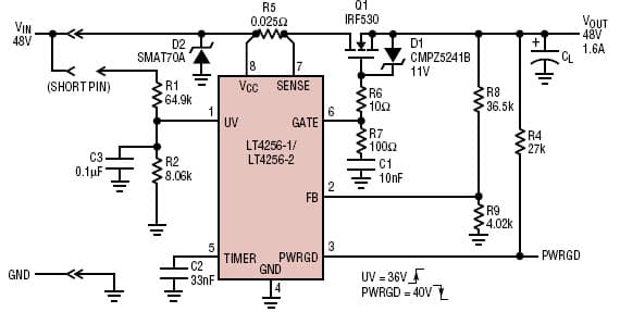 80V Hot-Swap Controller Drive Large MOSFETs, Improve Accuracy and Foldback Current Limiting Using LT4256-1