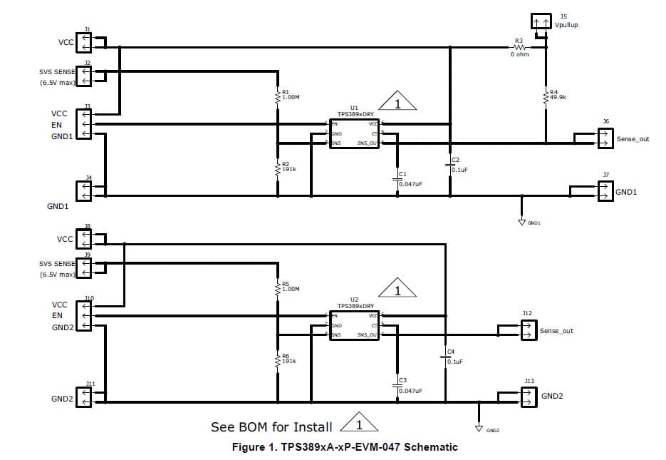 TPS3897P-6A-EVM047, Evaluation module (EVM) is a fully assembled and tested circuit for evaluating the TPS3897P and TPS3896A Single Channel, Adjustable Supervisory Circuit