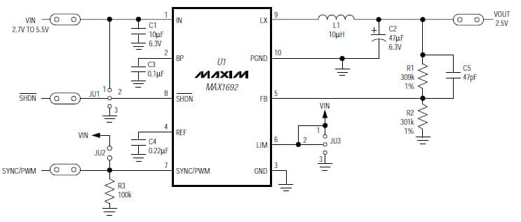 MAX1692EVKIT, Evaluation Kit for MAX1692 2.5V DC to DC Single Output Power Supply for Automotive