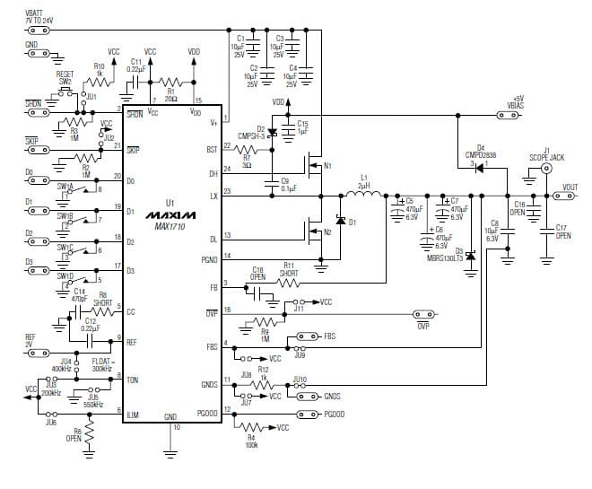 MAX1710EVKIT, Evaluation Kit for MAX1710 1.25 to 2V DC to DC Single Output Power Supply for Notebook